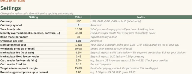 Crochet & Knitting Pricing Calculator: Settings tab, screenshot of the spreadsheet with sample data