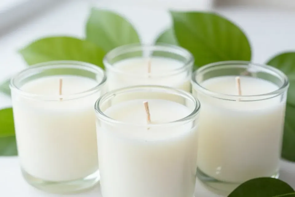 Handmade soy candles in glass jars with green leaves
